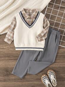 Baby Boy Collegiate Style Colorblock Striped Sweater Vest, Plaid Shirt And Solid Color Pants Set - Coffee Brown - View 1