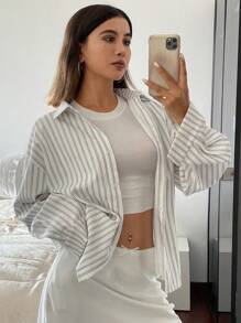 Livesso Striped Loose Long Sleeve Collared Women Blouse,Long Sleeve Tops