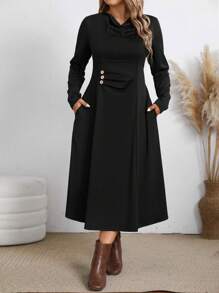 大码女式秋冬黑色领口装饰纽扣腰部褶皱 A 字长袖休闲连衣裙长款女装 - 黑色 - 查看 9