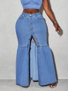 Slaydiva 纯色前扣性感紧身荷叶边下摆牛仔迷你裙 - 中等水洗藍 - 查看 7