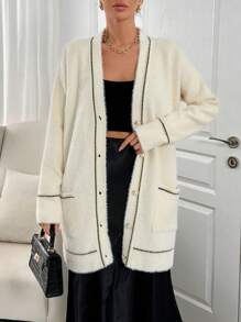 EURMUSE Special Pattern V Neck Cardigan With Button Detail And Hairy Yarn - Beige - View 7