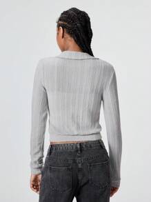 Flirla 1pc Women Grey Casual Minimalist Knitted Textured Mock Neck Long Sleeve Slim Fit Sweatshirt For Autumn/Winter