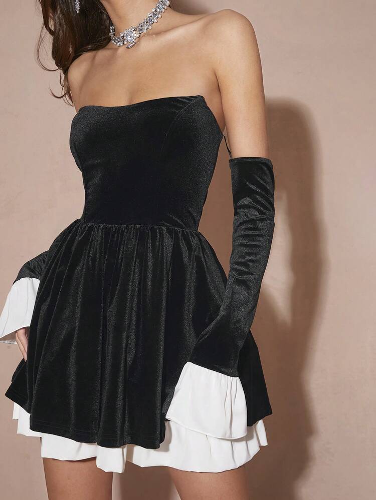 Women Solid Color Splicing Off-Shoulder Long Sleeve Simple Short Dress