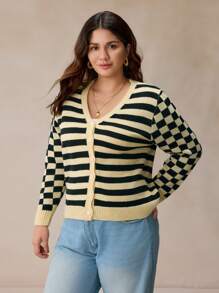 Elaquor Plus Size Women's Checkered Striped Casual Cardigan Sweater, Autumn/Winter - Multicolor - View 5