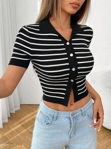 SHEIN PETITE Women's V-Collar Striped Button-Down Crop Knit Top