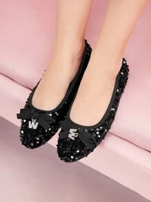 CUCCOO DOLLMOD 女式黑色珠饰蝴蝶点缀芭蕾平底鞋新年假期 - 黑色 - 查看 2