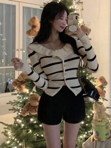 DAZY Áo khoác cardigan lửng hở vai, ôm sát cơ thể, họa tiết kẻ sọc, thời trang xuân thu cho nữ - Màu be - Xem 6