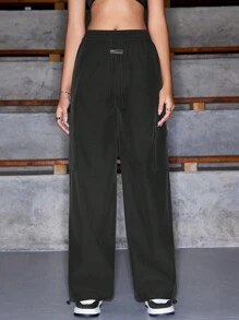 Streetz SHEIN Sport Women Applique Drawstring Pocket Loose Sports Pants - Black - View 4