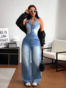 SHEIN ICON Women's Sexy Backless Halter Denim Jumpsuit
