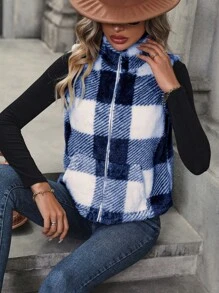 SHEIN LUNE 女士无袖简约格子拉链夹克，休闲日常穿着 - 藍色 - 查看 4