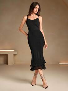 Anewsta Robe moulante à coupe sirène en tricot de couleur unie pour femme, élégante, couleur noire