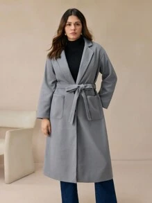 BizChic 大码女式优雅通勤长腰系带大衣 - 灰色 - 查看 5