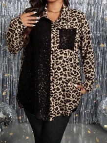 SHEIN LUNE 大码秋季时尚亮片拼布豹纹衬衫 - 黑色 - 查看 3