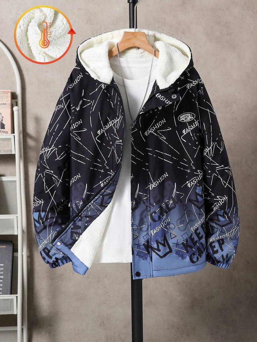 SHEIN Teenage Boys' Digital Print Hooded Fleece Windbreaker Jacket