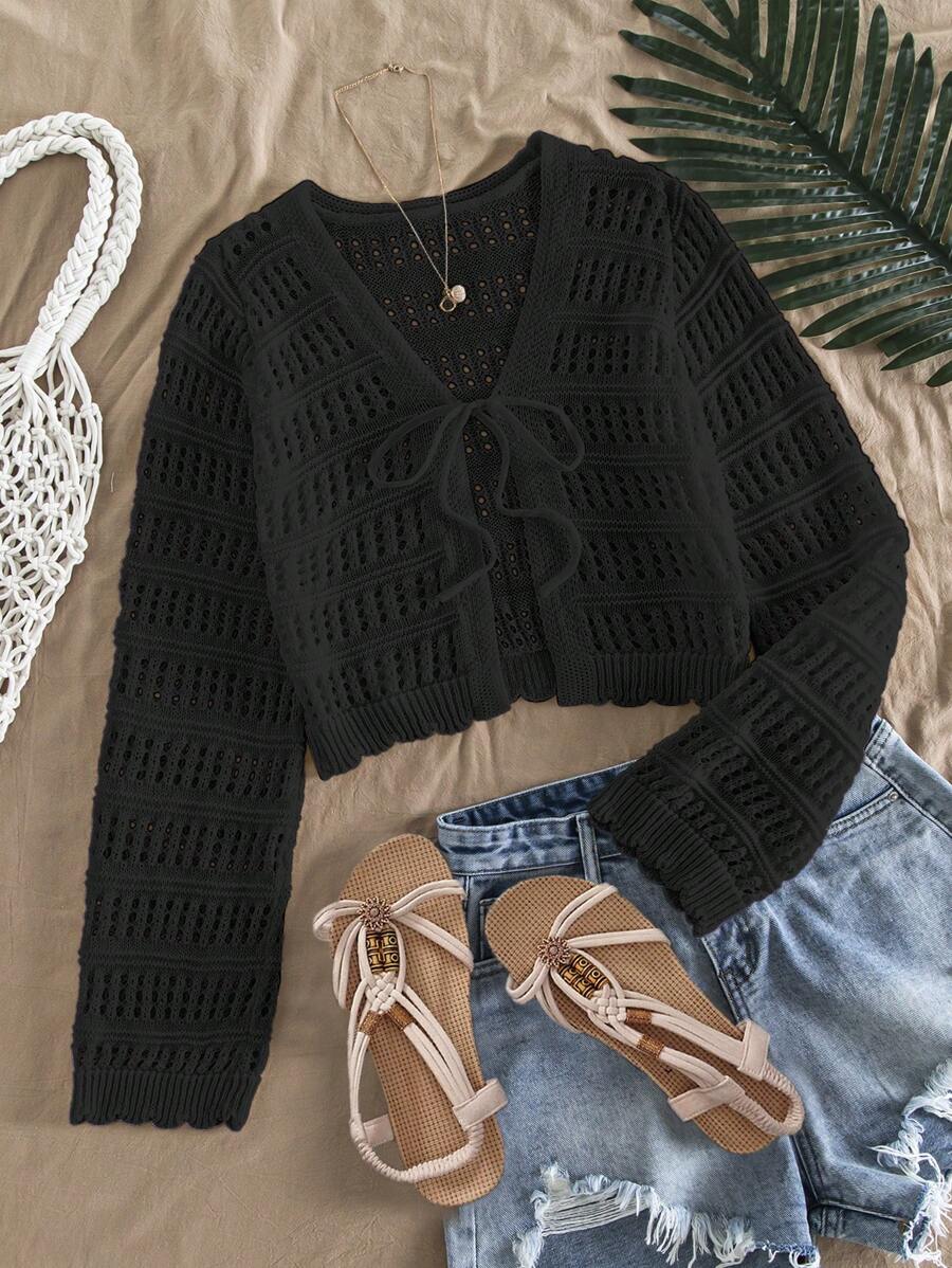 Travachic Áo len cardigan dài tay buộc phía trước màu trơn cho nữ đi nghỉ, mùa thu, áo dài tay - màu đen - Xem 1