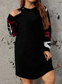 EMERY ROSE Plus Size Vrouwen Geometrisch Patroon Elegante Raglan Mouw Knielange Jurk, Geschikt Voor Herfst/Winter