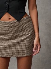 SHEIN BAE 女式简约格子 A 字迷你裙，休闲日常穿着镂空服装感恩节女装性感女装秋装女装棕色迷你裙复古棕色格子迷你裙 - 咖啡棕 - 查看 2