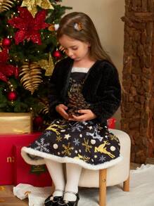 SHEIN 2pcs Girls Christmas Furry Black Deer Print Top & Overall Skirt Set, Autumn/Winter Child
