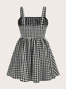 Flirla Plus size zomerse casual jurk met pied-de-poule-print en geplooide bandjes