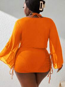 Slaydiva 加大码纯色喇叭袖抽绳褶皱 4 件装分体式泳衣套装，适合夏季海滩 - 橘色 - 查看 2