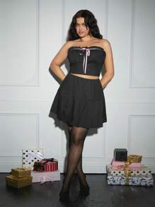 SHEIN SXY 3pcs Plus Size Women's Set: Ribbed Fabric Pink Contrast Bow Tie Decorated Ruched Top + Ruched Skirt + Long Sleeve Cardigan Jacket, Suitable For Fall & Winter, Date Night, Birthday, Bachelorette Party Outfit, Casual, Cute, Lolita, Shopping, Streetwear, Going Out, Easy To Match & Look Slim, Accentuate Your Body, Flatter The Figure