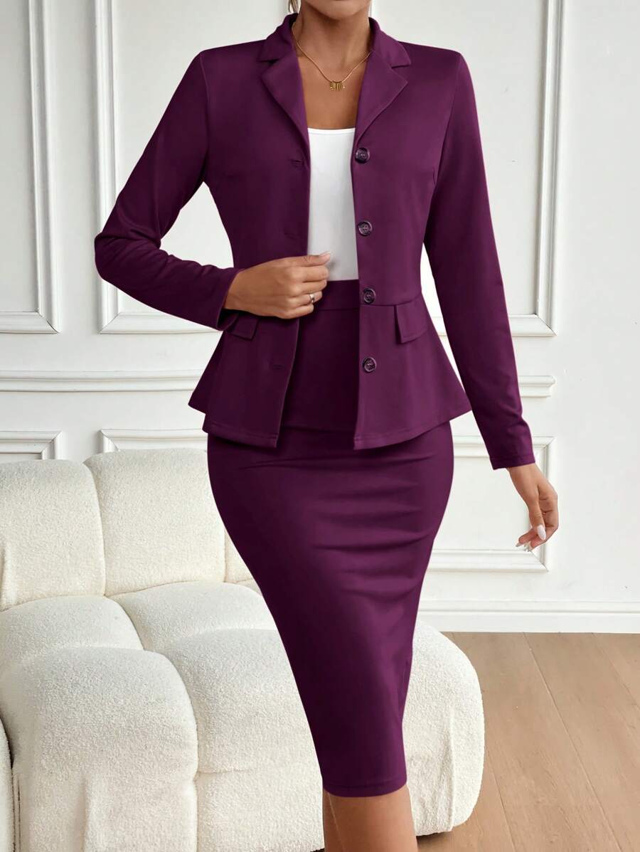 Lyxana 女士两件套服装：纯色翻领长袖夹克和铅笔中长裙，优雅的办公室服装 - 紫色 - 查看 1