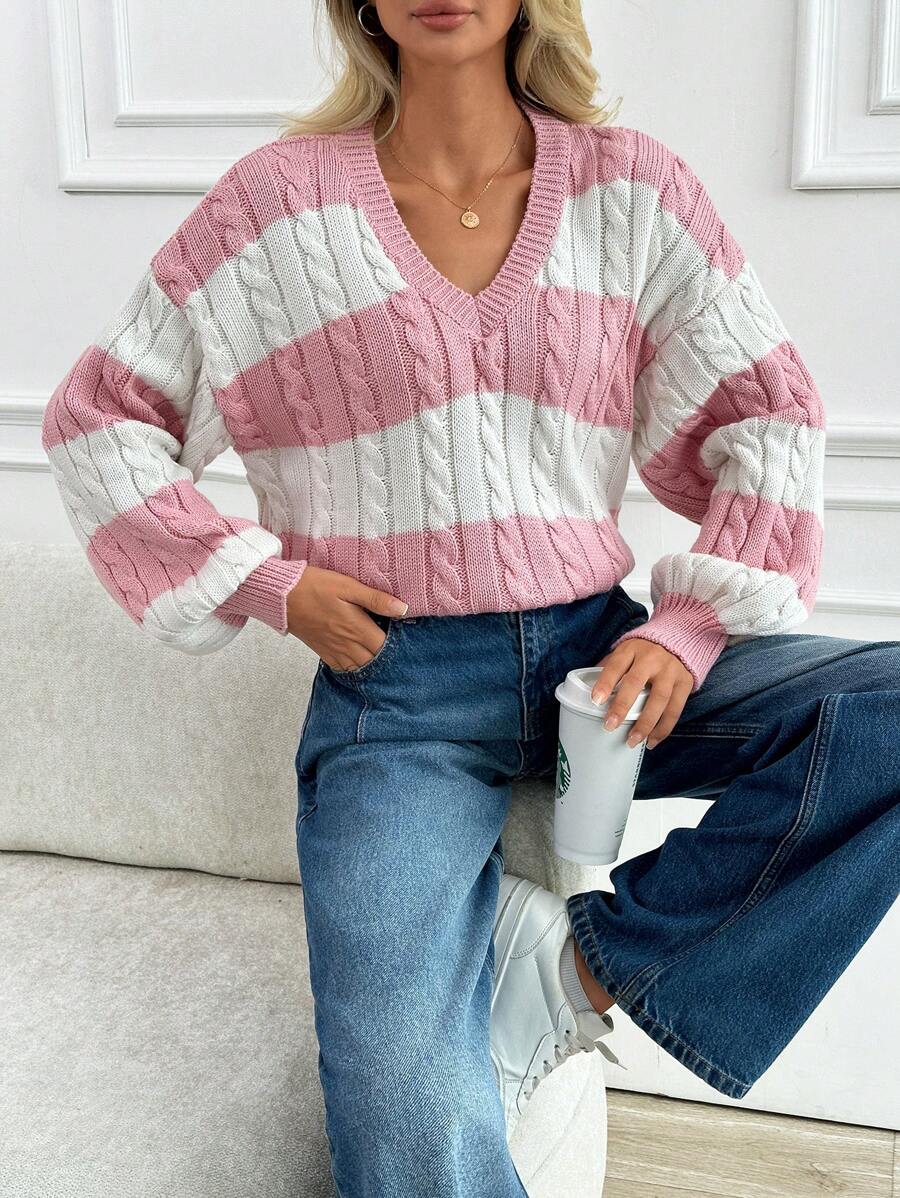 SHEIN Cottnline Women'S Striped Color Block Drop Shoulder Sweater - Baby Pink - View 1