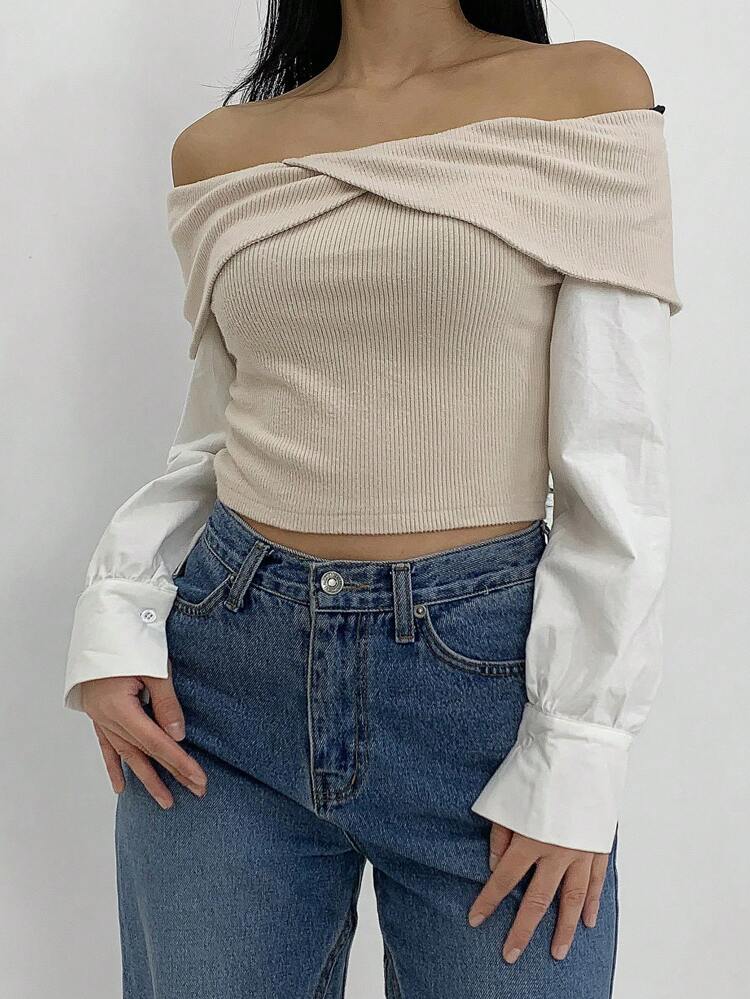 Women's Fashion Color Block Off Shoulder Twist Slim Fit Sweatshirt, Autumn
