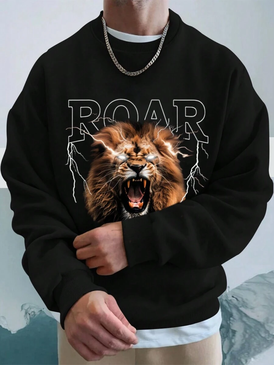 RueChic Men Lion Printed Regular Crew Neck Sweatshirt - Black - View 1