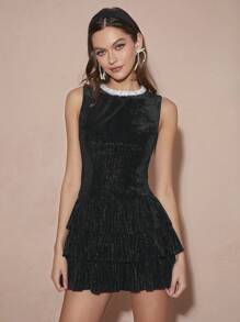 Enchnt Women's Elegant Velvet Silver Silk Faux Pearl Sleeveless Pleated Black Dress,Summer Birthday Party,Christmas Date Night,Fall Winter Short Clothes - Black - View 1