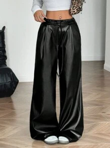 SHEIN EZwear PU Material Women's Casual Drawstring Waist Wide Leg Loose Pants - Black - View 5