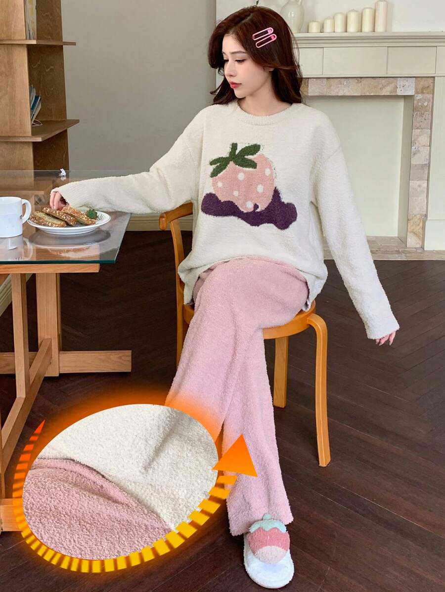 DAZY Cute Strawberry Pattern Half-Fleece Jacquard Warm Sleepwear Set Pajama