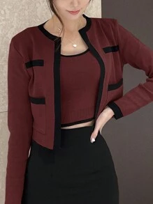 DAZY Bộ đồ Giáng sinh 2 món dành cho nữ, gồm áo khoác dài tay và áo dệt kim không tay, thích hợp cho dịp lễ hội. - Màu Đỏ Sâu - Xem 1
