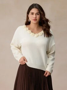 Elaquor Suéter elegante de talla grande con decoración floral 3D y cuello en V, informal para uso diario, otoño/invierno