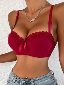 Contrast Lace Underwire Lingerie Bra - Maroon - View 6
