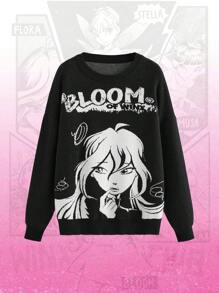 Winx Club X ROMWE Women's Loose Fit Cartoon Character & Letter Print Drop Shoulder Black Sweater - Black - View 1