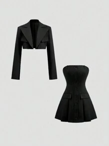 Sweetra 女士休闲翻领短款西装外套搭配抹胸连衣裙 2 件套 Y2K 服装