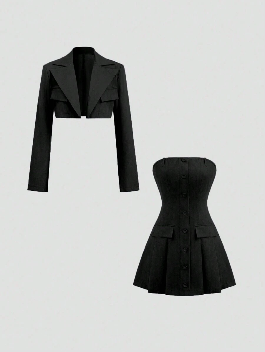 Sweetra 女士休闲翻领短款西装外套搭配抹胸连衣裙 2 件套 Y2K 服装