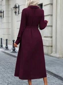 SHEIN Clasi Đầm sơ mi dài tay dài cổ bẻ trễ vai màu trơn cho nữ, trang phục maxi thu cho nữ - Màu đỏ tím - Xem 2
