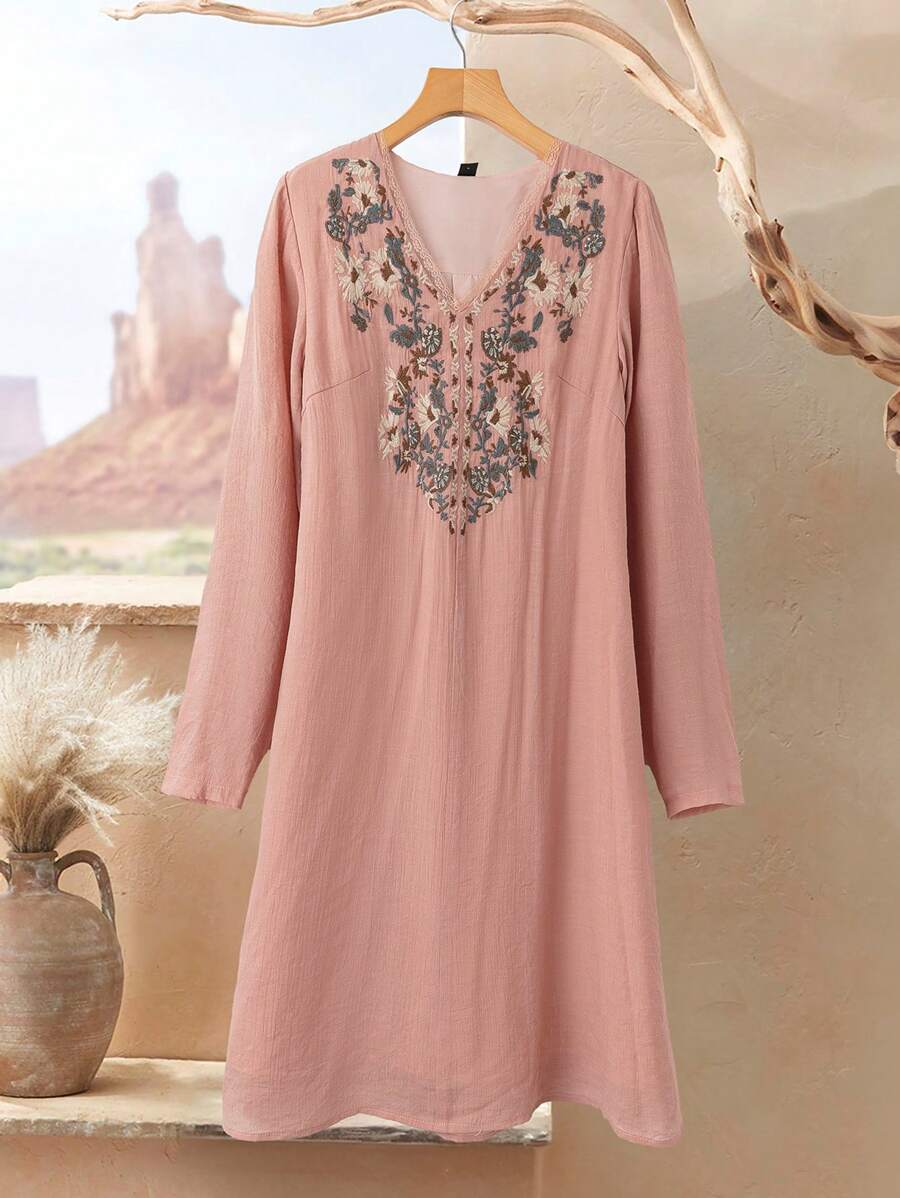 SHEIN LUNE 女士花卉刺绣 V 领长袖短裙 - 藕粉色 - 查看 1