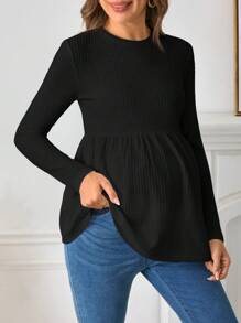 SHEIN Maternity Solid Peplum Long Sleeve Tee Fall Winter, Fall Winter Tee - Black - View 3