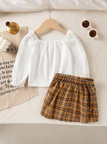 SHEIN Baby Girls Fall/Winter Lady-Like Plaid Collar Top And Plaid Skirt Set - White - View 2