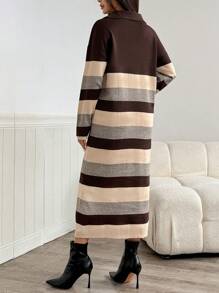 Mulvari 女式秋冬翻领条纹蝙蝠袖休闲毛衣连衣裙 - 彩色 - 查看 5