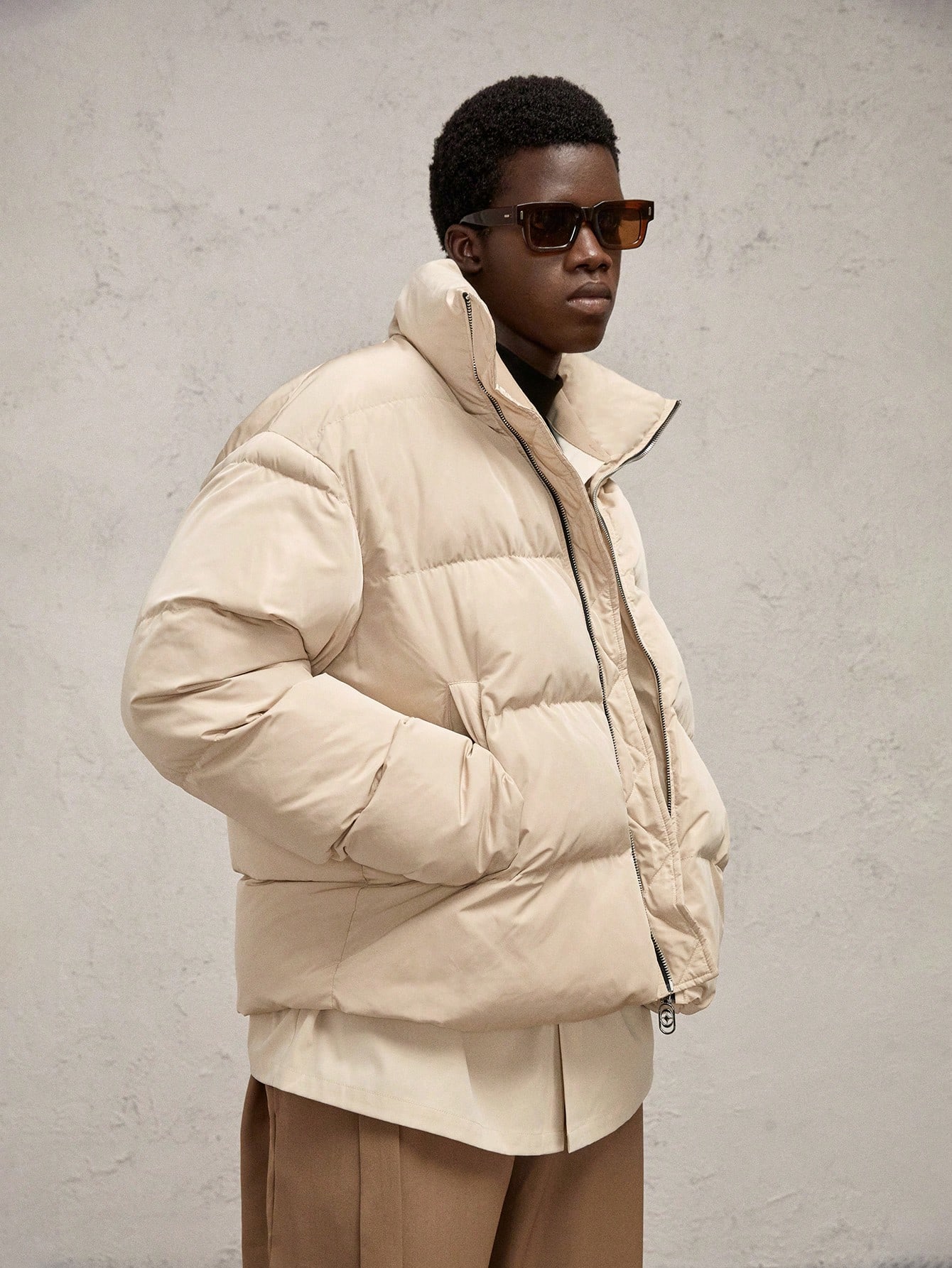 Men's Slim Fit Water-Resistant Stand Collar Padded Coat, For Fall Winter