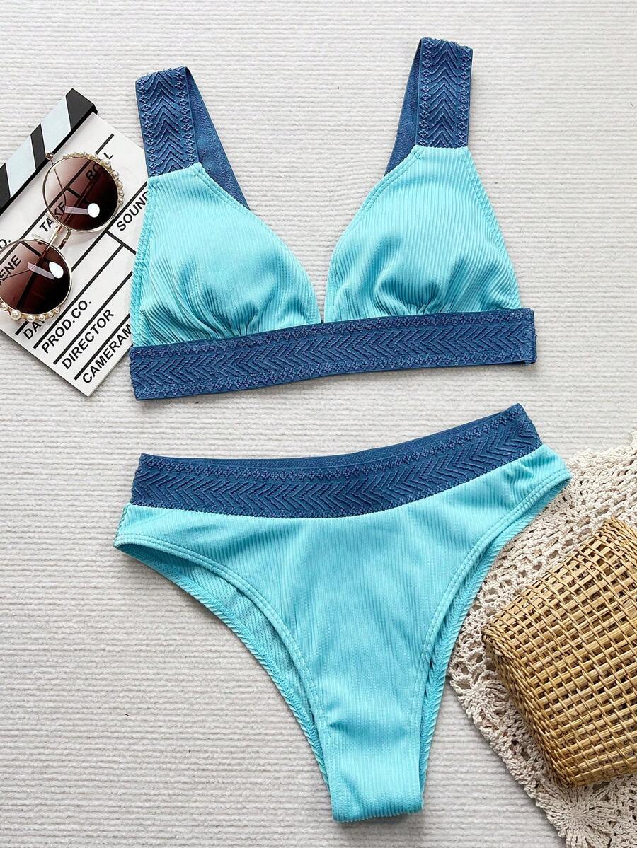Women Contrast Color Bikini Set, Casual Swimsuit With Ladder Weave