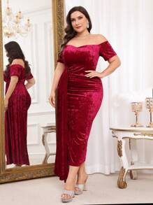 SHEIN Belle 勃艮第红色大码优雅露肩修身圣诞派对礼服