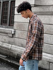 Manfinity RebelGame 1pc Heren Geweven 90s Kraag Shirt Mode Casual Losse Plaid Lange Mouw Ritssluiting Kleur Blok Vintage Urban Shirt, Voor Vrienden, Katoen