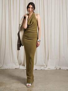 AiiRZ Đầm Maxi Ôm Sát Cổ Chữ V Có Gân Phồng - Màu vàng - Xem 4