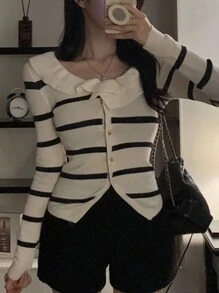 DAZY Áo khoác cardigan lửng hở vai, ôm sát cơ thể, họa tiết kẻ sọc, thời trang xuân thu cho nữ - Màu be - Xem 3