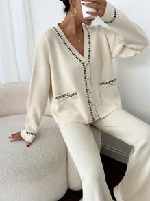 EURMUSE 休闲开衫和裤子针织套装，秋冬 - 杏色 - 查看 6